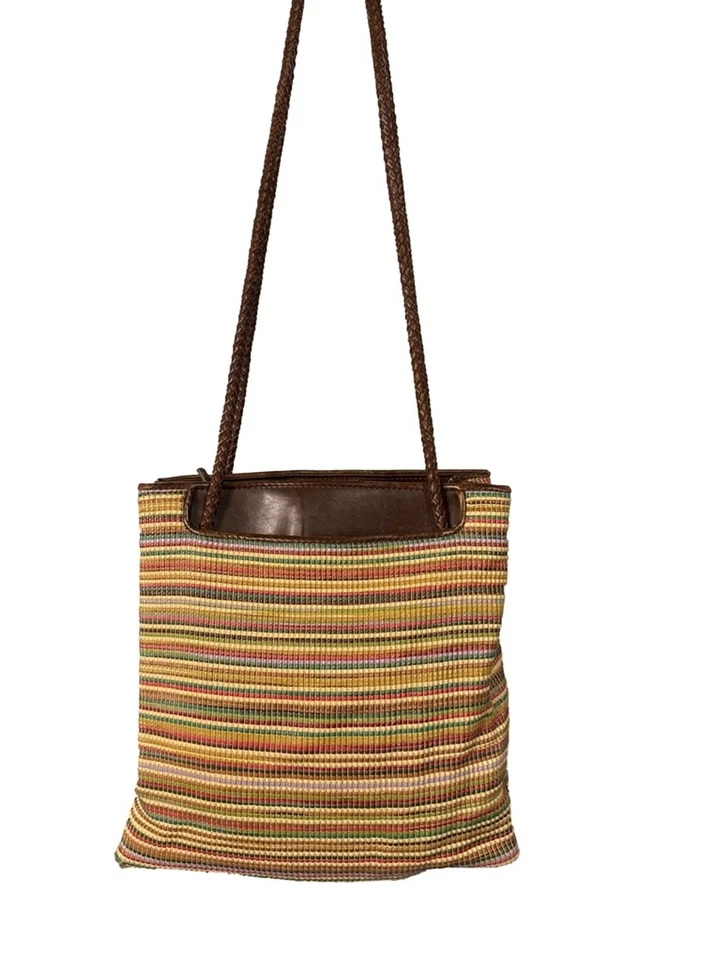 Bolso de Hombro Reliquia Multicolor Tela Tejida a Rayas Marrón Imitación Cuero Borde Foto 1 de 4