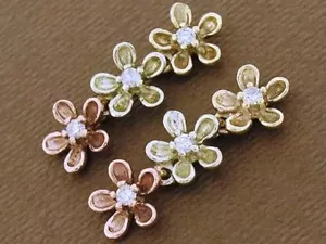 E81 SOLID 9K Gold NATURAL Diamond BLOSSOM Earrings Rose Yellow & White Tri-Gold - Picture 1 of 3