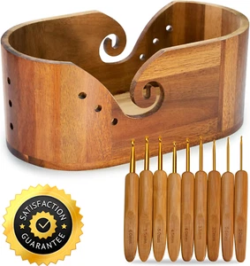 Wooden Yarn Bowl with 9Pcs Knitting Hooks, Crochet Yarn Holder Large Storage New - Picture 1 of 7