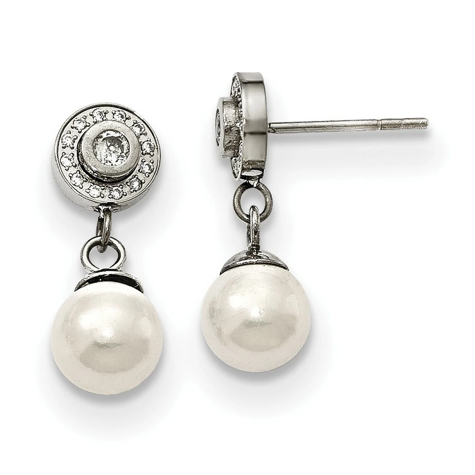 Pendientes colgantes cincel acero inoxidable pulido circonita cúbica y perlas FWC SRE1011 Foto 1 de 3