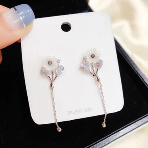 Korean Style White Flower Long Dangle Earrings - Picture 1 of 6