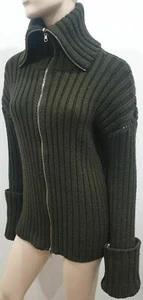 MM6 MAISON MARTIN MARGIELA Women's Khaki Wool Chunky Rib Knit Cardigan L - Picture 1 of 11