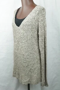 Donna Karan Womens V Neck Sweater M Oatmeal Silk Woven Long Sleeve Pullover - Picture 1 of 17