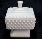 Vintage Fenton Square Milk Glass Hobnail Footed Compote Candy Dish w/Lid