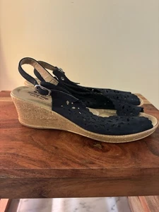 Spring Step Leather Slingback Sandals 39 Black Cutout Wedge Comfort Shoes Italy - Picture 1 of 5