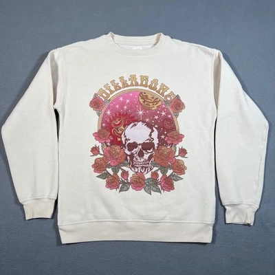 Billabong Skull Roses Sweatshirt Women Small Beige Ivory Crew Neck Flowers Stars - Image 1 of 4