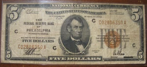 1929 $5 Federal Reserve Bank Of Philadelphia - Picture 1 of 4