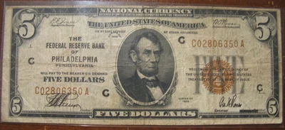 1929 $5 Federal Reserve Bank Of Philadelphia - Image 1 of 4