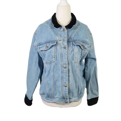 Chaqueta vaquera vintage años 90 Sunbelt Denim lavado claro azul ribete terciopelo negro L Foto 1 de 4
