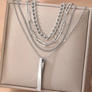 Verstellbare Lagenlook Kette Halskette Edelstahl mit geometrischem Stab und Fran - Picture 1 of 20