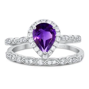 Two Piece Pear Teardrop Natural Amethyst Halo Bridal Ring 925 Sterling Silver - Bild 1 von 24