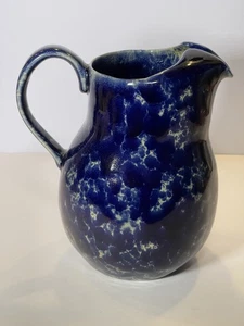 Bennington Pottery Blue Agate Pitcher Jug 8” Vermont Spongeware Ice Lip - Picture 1 of 13