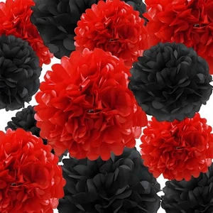 Black Red Tissue Paper Pom Poms 12Pcs- Hanging Paper Flowers for Wedding Birt... - Picture 1 of 6