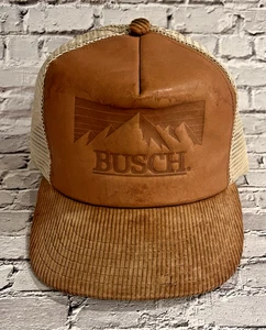 Vintage BUSCH BEER Hat Corduroy & Leather 1980s Trucker Cap Anheuser Busch USA - Picture 1 of 10