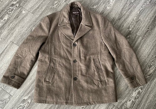 Cappotto grande Michael Kors marrone marrone con bottoni misto lana anteriore uomo pesante XL