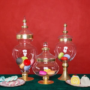3 pcs 11" 16" 18" tall Clear Glass Gold Trim Apothecary Jars Candy Buffet - Picture 1 of 7