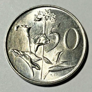 1985 South Africa Coin 50 cents Arum Lily African Lily Bird-of-Paradise Flowers - Picture 1 of 2