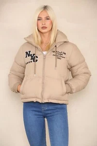 Printed NYC Crop Bomber Mock Neck Removable Hood Jacket - Picture 1 of 3