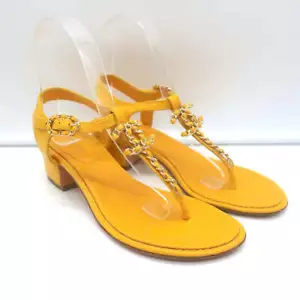 Chanel CC Chain Link T-Strap Sandals Yellow Quilted Leather Size 36 - Picture 1 of 10