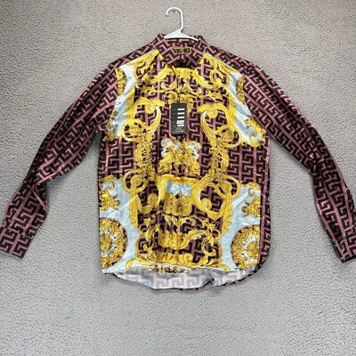 Moda Color Baroque Greek Key Shirt Mens Size L Med Pink Gold Black  Satin NWT - Image 1 of 4