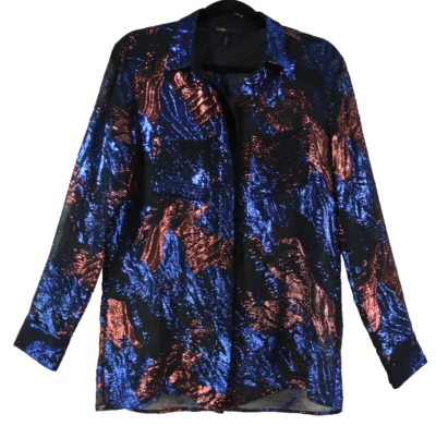 NEW, Maje Silk Printed Button-Up Top in Blue/Copper Size 3 #EP368 - Image 1 of 4