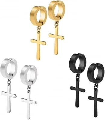 3-Pairs Non-piercing Titanium Black/Gold/Silver Cross Drop/Dangle Hoop Earrings - Image 1 of 4