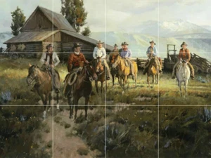 old country western cowboys horses morning glory ceramic tile mural backsplash - Picture 1 of 8