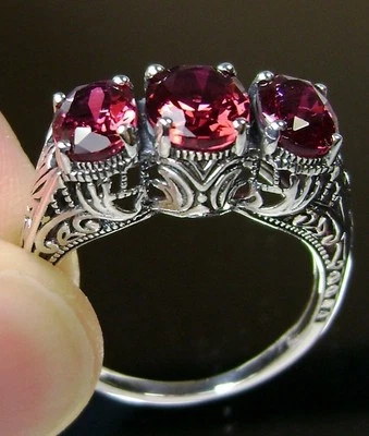 Ruby Ring, 3 Simulated Gem Trinity Art Deco, Sterling Silver Filigree D41 - Image 1 of 4