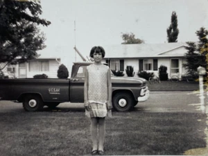 Girl Standing In Grass By Chevrolet Truck From Illinois B&W Photograph 2.5 x 3.5 - Picture 1 of 3