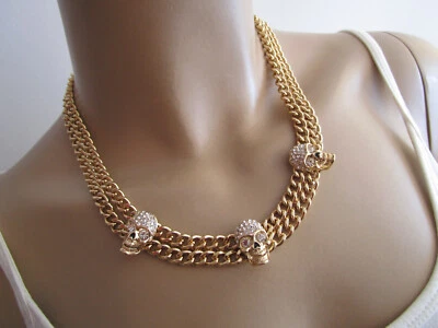 Damen Collier Hals Kette kurz Modekette Gold 3 x Strass Totenkopf Skull Trend - Bild 1 von 4