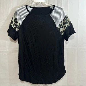 Womens Black Round Neck T-Shirt w/Striped & Leopard Paneled Short Sleeves Size L - Picture 1 of 6