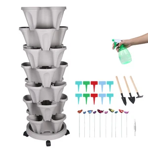 7-Tier Stackable Planters Vertical Planter Pot with 4 Wheels & Garden Tools Set - Picture 1 of 22