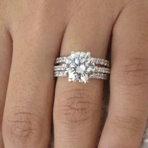 Round Diamond Trio His And Her Bridal Engagement Ring Set 14K White Gold Finish - Picture 1 of 7