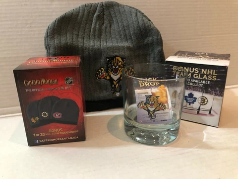 NHL CROWN ROYAL WHISKY GLASS CAPTAIN MORGAN BEANIE TOQUE LOT FLORIDA PANTHERS Cover
