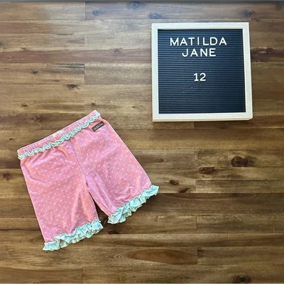 Matilda Jane Happy & Free Poolside Shorties 12 Pink Green Polka Dot Knit Shorts - Image 1 of 4