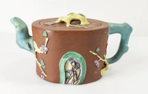 Antique Vintage Chinese Yixing Zisha Bamboo Form Teapot With Enamel - Picture 1 of 14