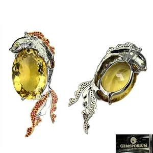 Ciondolo in argento sterling 925 ovale citrino 39 ct pesce zaffiro gioielli... - Foto 1 di 9