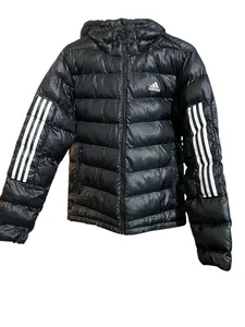 Adidas Puffer Jacket Mens Small BLACK 3 Stripes EUC - Picture 1 of 5
