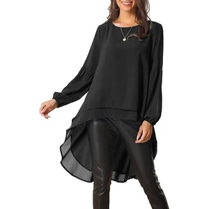 PrettyGarden Double Layered High Low Hem Long Sleeve Tunic Blouse S Black EUC - Picture 1 of 11