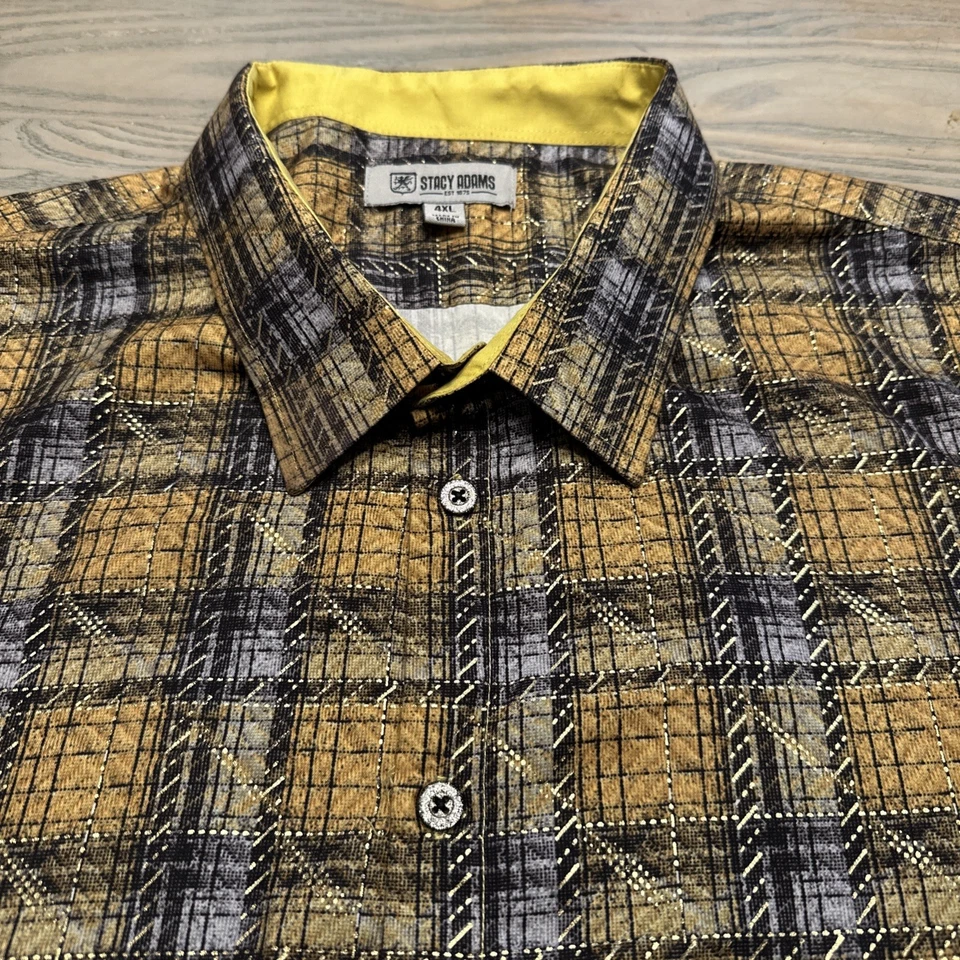 Camisa Stacy Adams Amarilla a Cuadros con Metálica Dorada Para Hombres 4XL Manga Corta Abotonada Foto 1 de 4