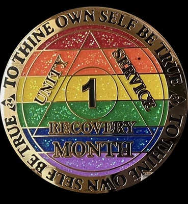 1 Month AA Medallion Recoverychip Reflex Rainbow Glitter Sobriety Chip Coin LGBT - Image 1 of 2
