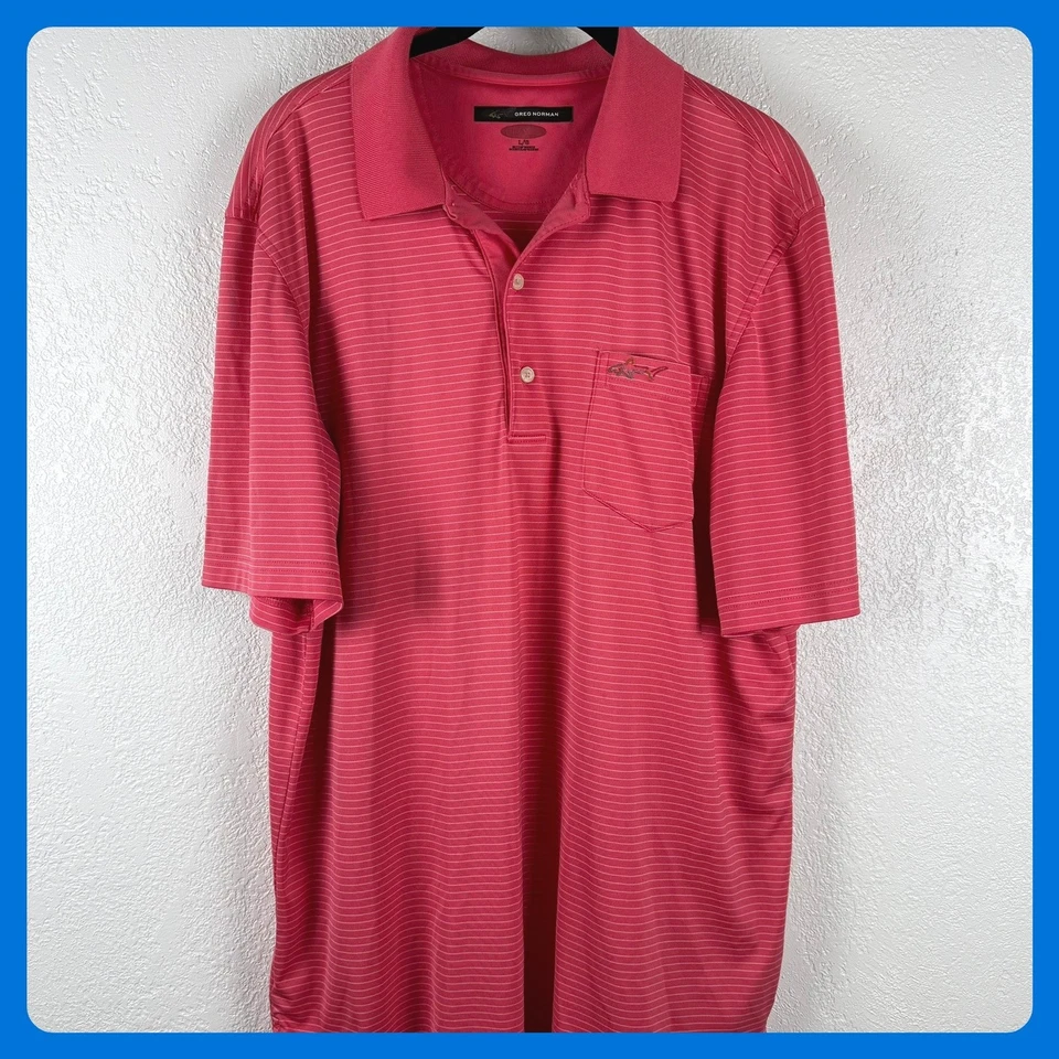 Camisa polo de golf Greg Norman para hombre a rayas rojas bolsillo rendimiento grande L Foto 1 de 3