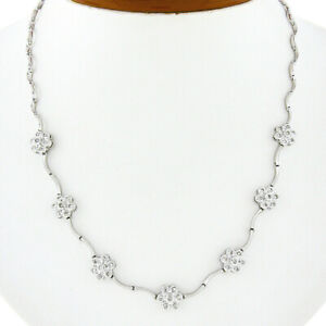 14K White Gold Bezel Diamond Flower Cluster 7 Station Wavy Link Collar Necklace