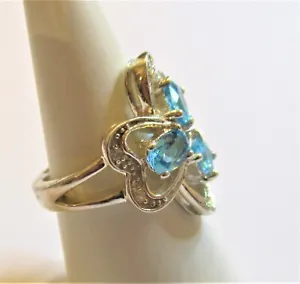 STERLING SILVER LARGE BLUE AND WHITE CUBIC ZIRCONIA CLUSTER COCKTAIL RING  O   - Picture 1 of 2