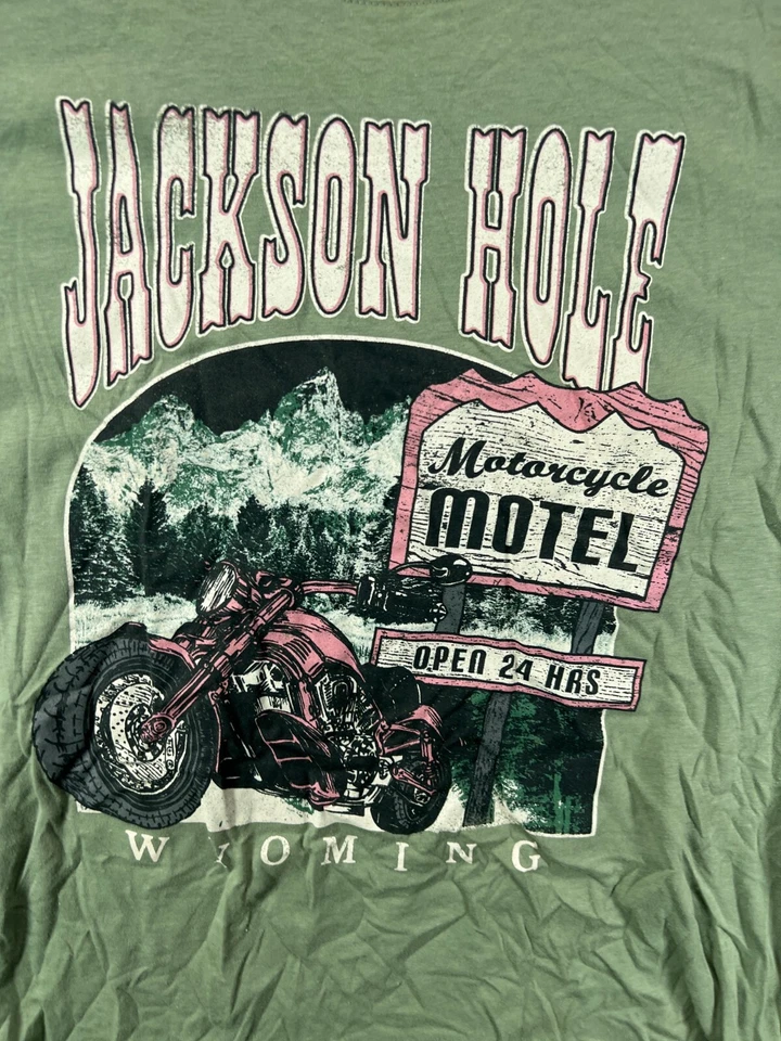 Mighty Fine Womens Large T Shirt Motorcycle Tee Jackson Hole Green Short Sleeve - Image 1 of 4
