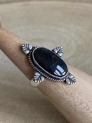 Green Moss Agate Leaf Ring Size P Sterling Silver 925 Plated Carved Vintage Boho - Image 1 of 4