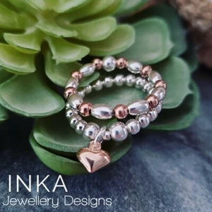 INKA Sterling Silver stretch stacking Stretch Rings 2 set Rose Gold Heart beads - Picture 1 of 9