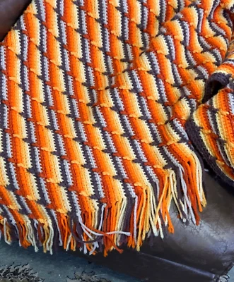 Vintage Retro Afgano Oro Amarillo Naranja Tostado Marrón Crochet Tiro Hecho a Mano 42x 80 Foto 1 de 4