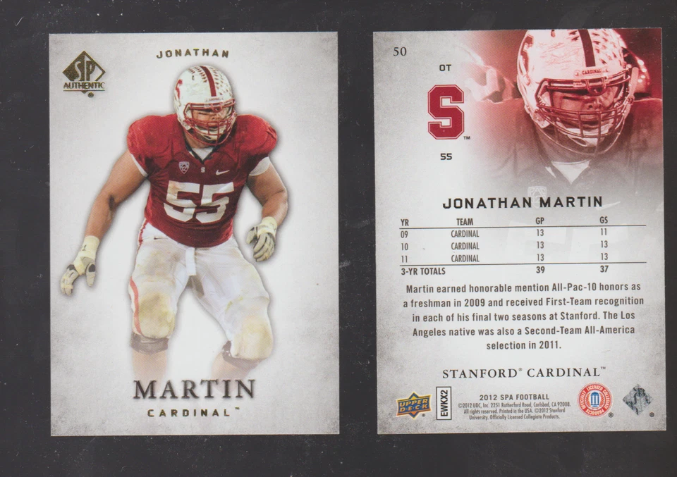 2012 Upper Deck SP Authentic #50 Jonathan Martin RC, Stanford Cardinal - Image 1 of 1
