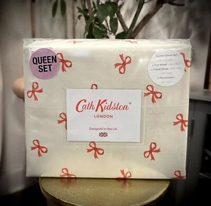 CATH KIDSTON LONDON Queen Sheets Set Bow Ruby Red 100% Cotton Percale Rare - Picture 1 of 7